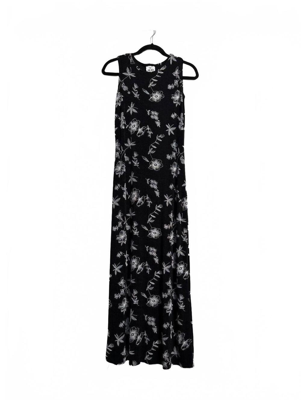 Vintage Jalate Black Sleeveless Maxi Dress with White Floral Print
